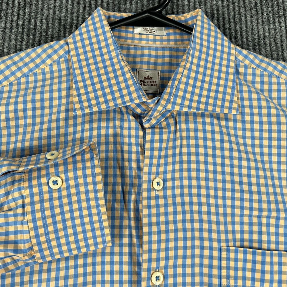 Peter Millar Shirt Mens Large Blue Yellow Check Long Sleeve Button Down Light